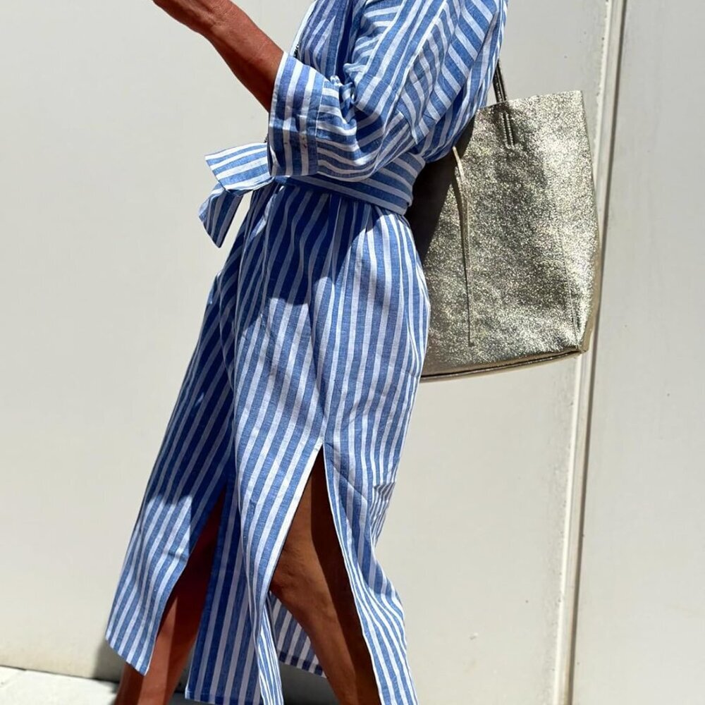 Women's Cotton Maxi Shirt Dress Blue Striped Casual 3/4 Sleeve Belted - Picture 5 of 6